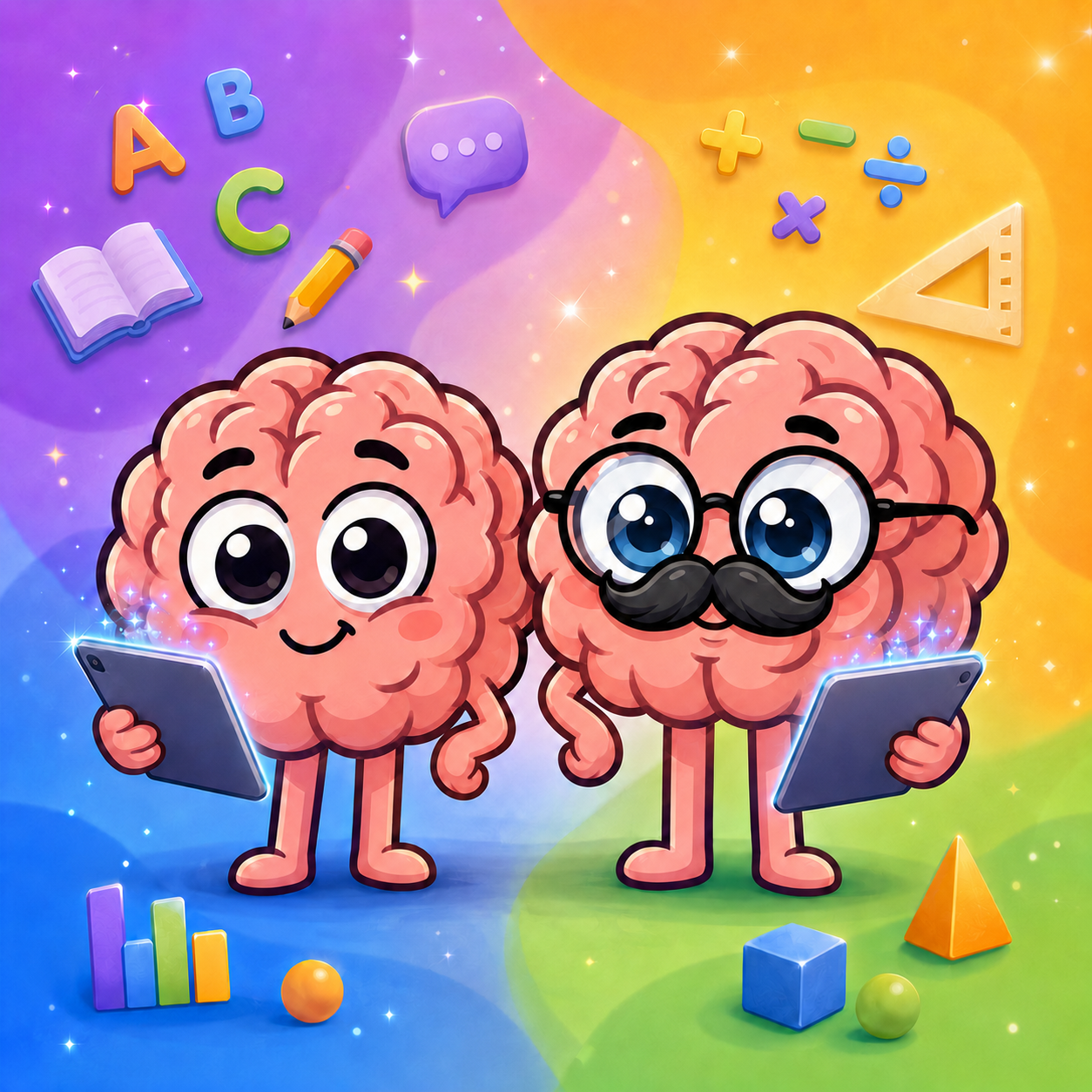 Juf AI en Meester AI met tablets