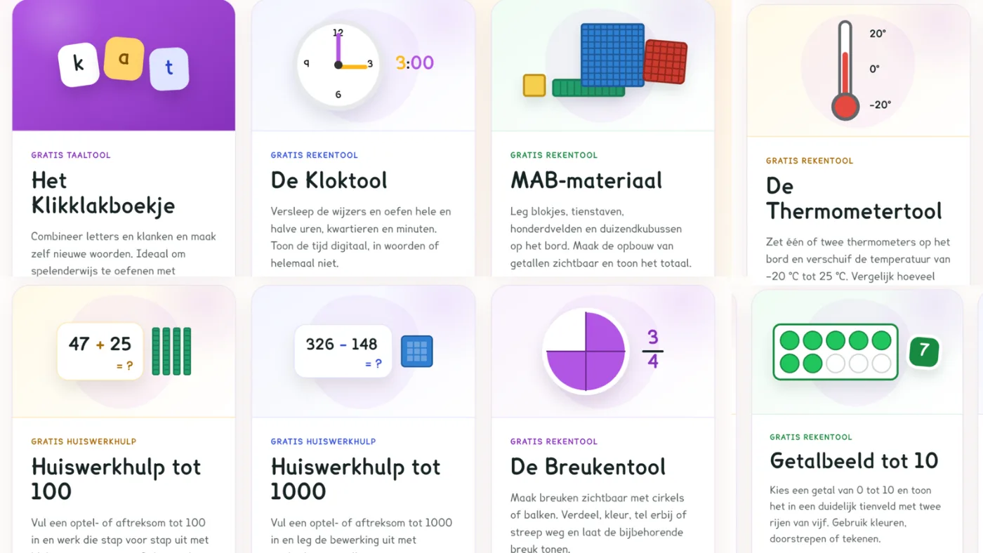 Kaartjes van gratis Taalkrak Tools, zoals het Klikklakboekje, de Kloktool, MAB-materiaal en de Breukentool