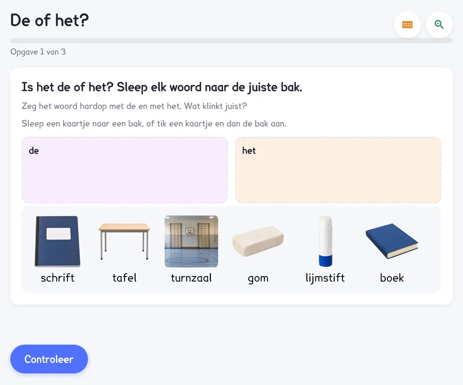 De of het: een bak de, een bak het en zes woorden van de school met een foto.