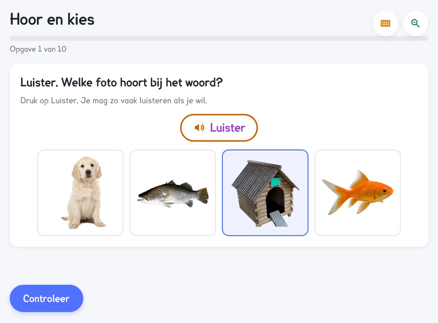 Hoor en kies: een luisterknop en vier foto's van huisdieren.