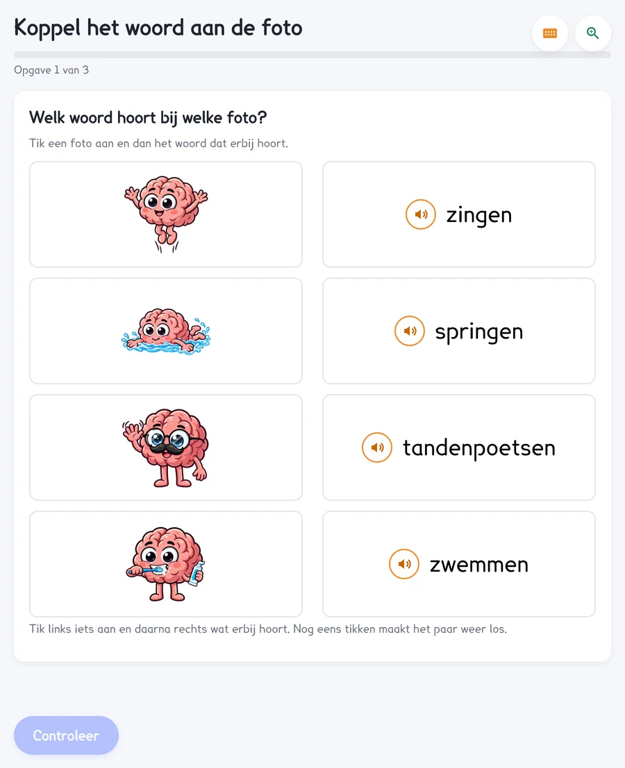 Koppelen: tekeningen van Juf AI die iets doet, met de woorden en een luidsprekertje ernaast.
