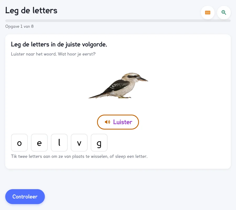 Leg de letters: een foto van een huisdier en de letters van het woord door elkaar.