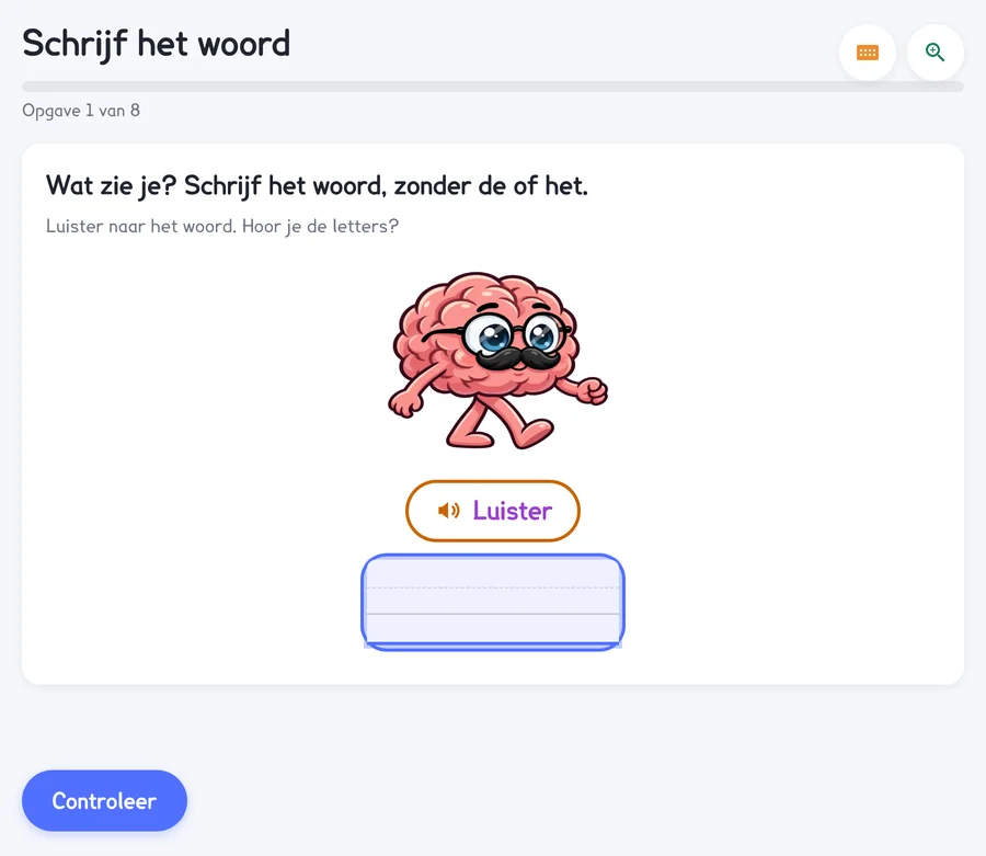 Schrijf het woord: een tekening van Juf AI en een schrijfvak.