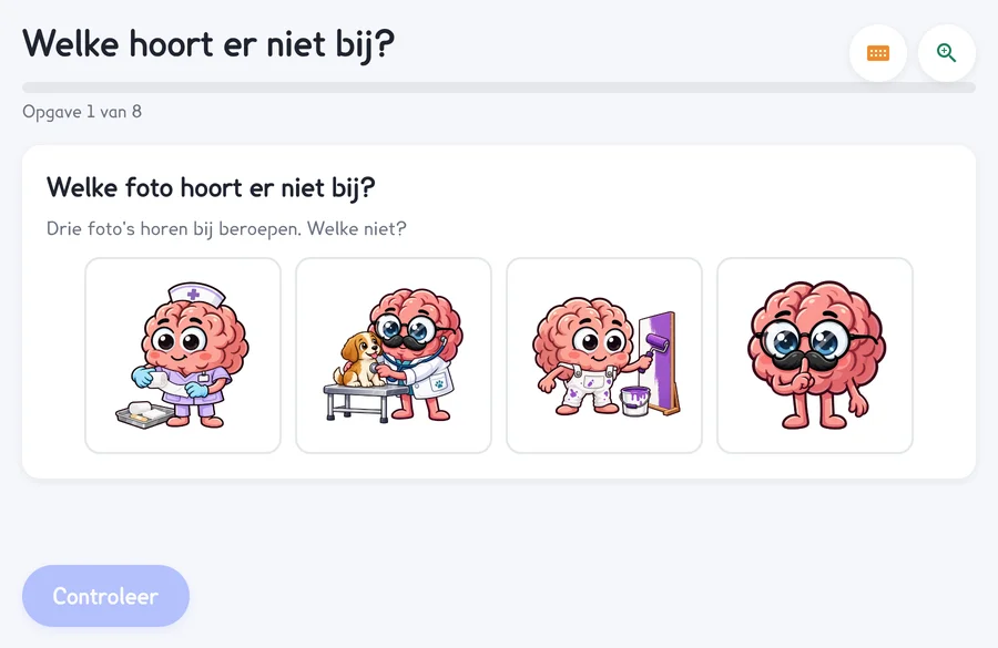 Welke hoort er niet bij: vier tekeningen van Juf AI en Meester AI, drie beroepen en één die niet past.