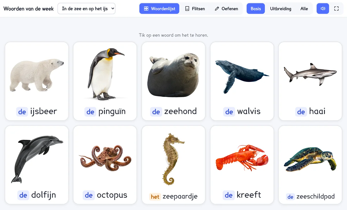 De woordenlijst van het thema In de zee en op het ijs, met een foto bij elk woord